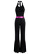 Schwarz 1970er Disco Pailletten Halter Ausgestellt Jumpsuit