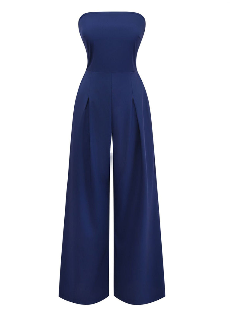 Dunkelblauer Wickel-Jumpsuit mit weitem Bein im Stil der 1940er Jahre 3
