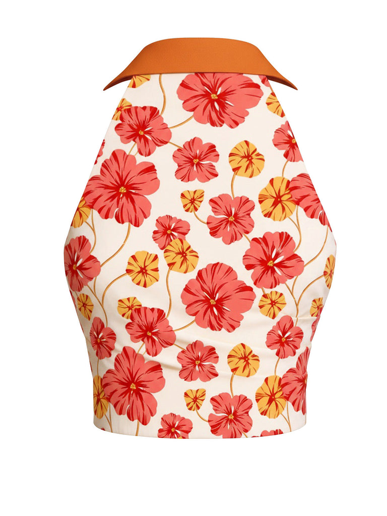 [Vorverkauf] Orange 1970er Blumen Ärmellos Revers Top