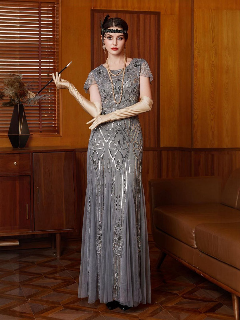 Grau 1920er Pailletten Tüll Flügelärmel Rundausschnitt Kleid