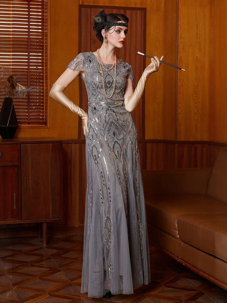 Grau 1920er Pailletten Tüll Flügelärmel Rundausschnitt Kleid