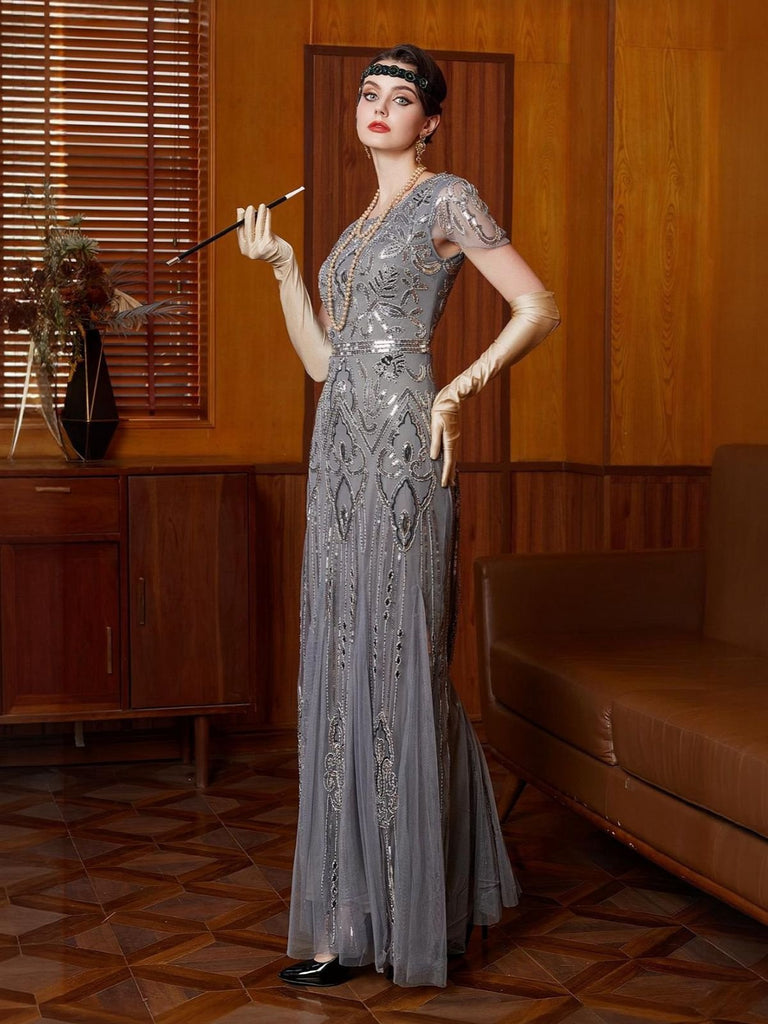Grau 1920er Pailletten Tüll Flügelärmel Rundausschnitt Kleid