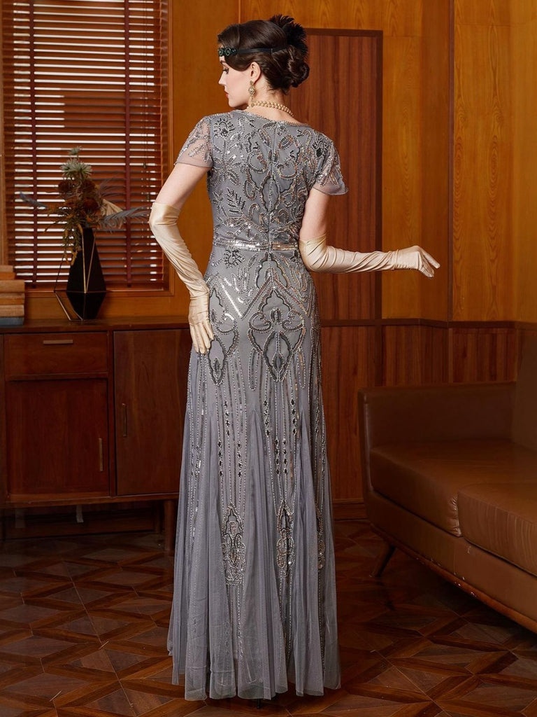 Grau 1920er Pailletten Tüll Flügelärmel Rundausschnitt Kleid