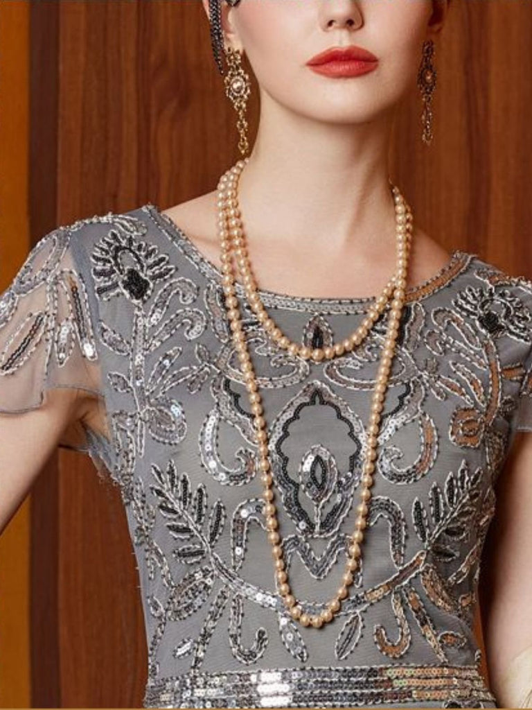 Grau 1920er Pailletten Tüll Flügelärmel Rundausschnitt Kleid