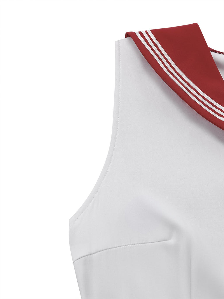 Rot 1950er Matrosenkragen Gürtel Ärmellos A-Linie Kleid