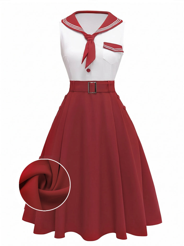 Rot 1950er Matrosenkragen Gürtel Ärmellos A-Linie Kleid