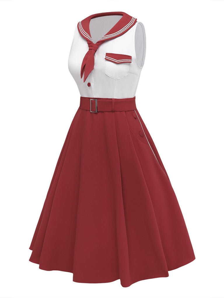 Rot 1950er Matrosenkragen Gürtel Ärmellos A-Linie Kleid