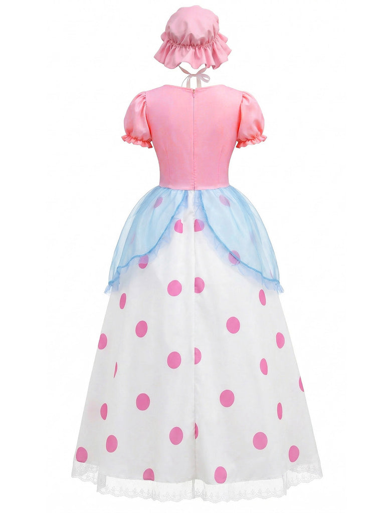 40er Kleid mit Puffärmeln und Polka-Dots, Bo-Peep-Cosplay-Stil in Rosa