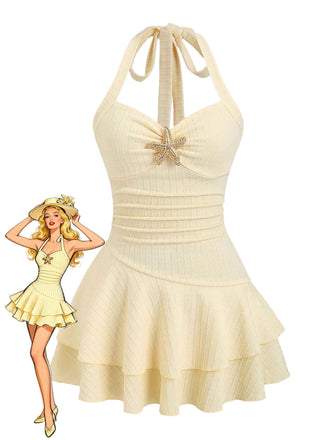 Gelbes 1960er Jahre strukturiertes Metall-Seestern-Neckholder-Mehrlagiges Minikleid