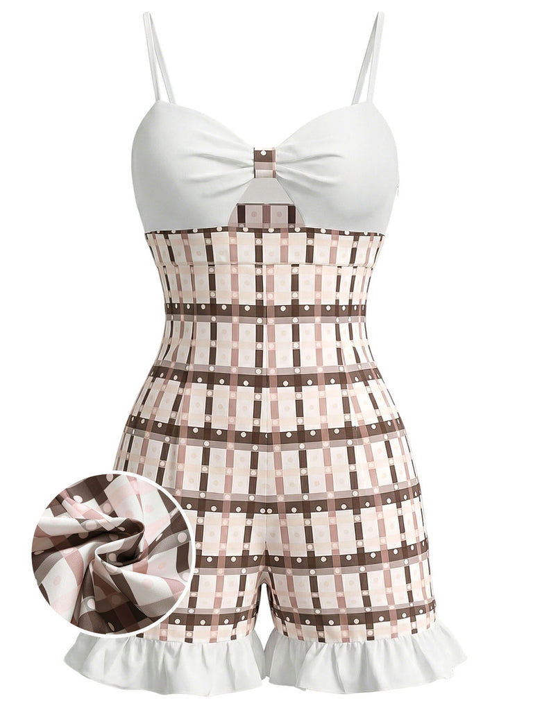 Hellbrauner 1950er Karierter Strampler mit Rüschen und Ausschnitten