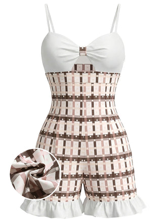 Hellbrauner 1950er Karierter Strampler mit Rüschen und Ausschnitten