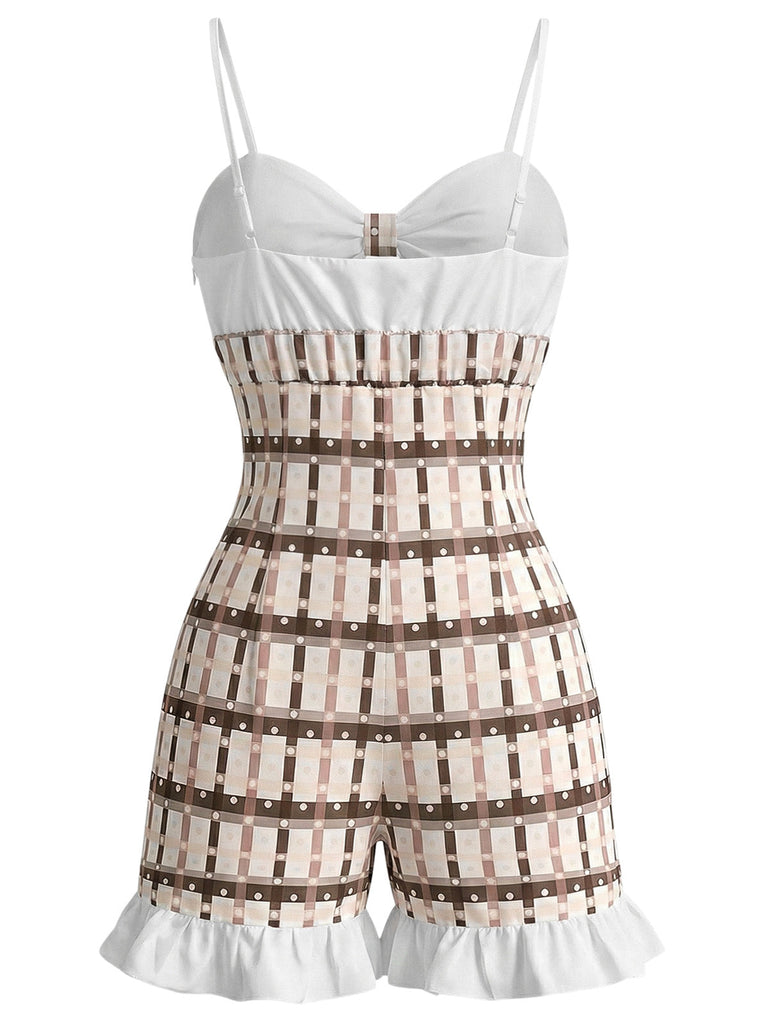 Hellbrauner 1950er Karierter Strampler mit Rüschen und Ausschnitten