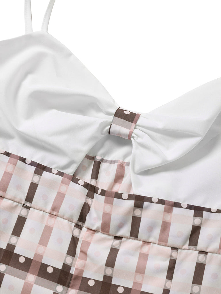 Hellbrauner 1950er Karierter Strampler mit Rüschen und Ausschnitten