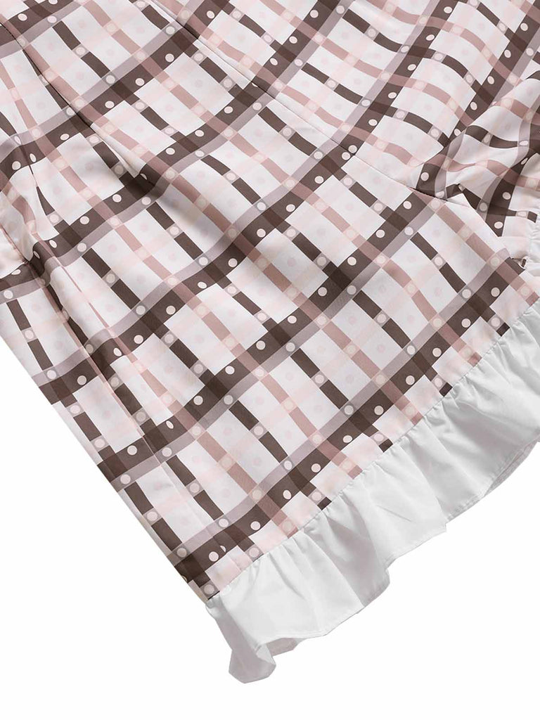 Hellbrauner 1950er Karierter Strampler mit Rüschen und Ausschnitten