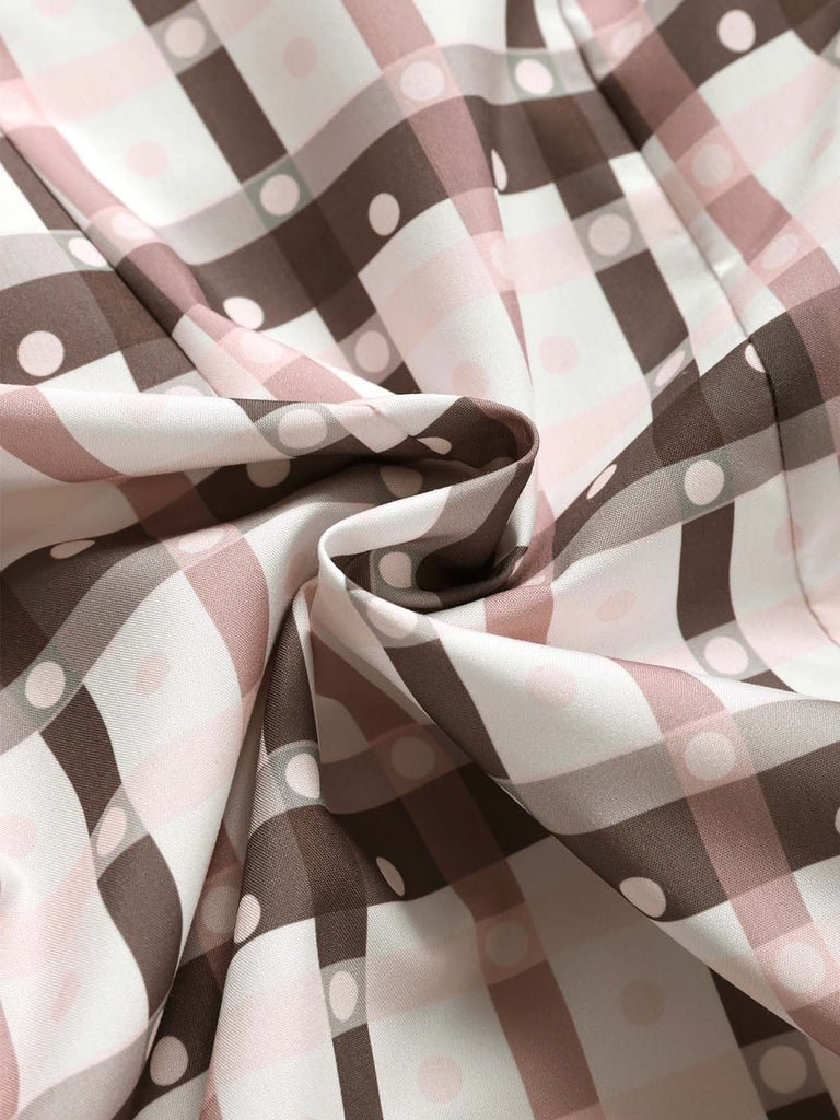 Hellbrauner 1950er Karierter Strampler mit Rüschen und Ausschnitten