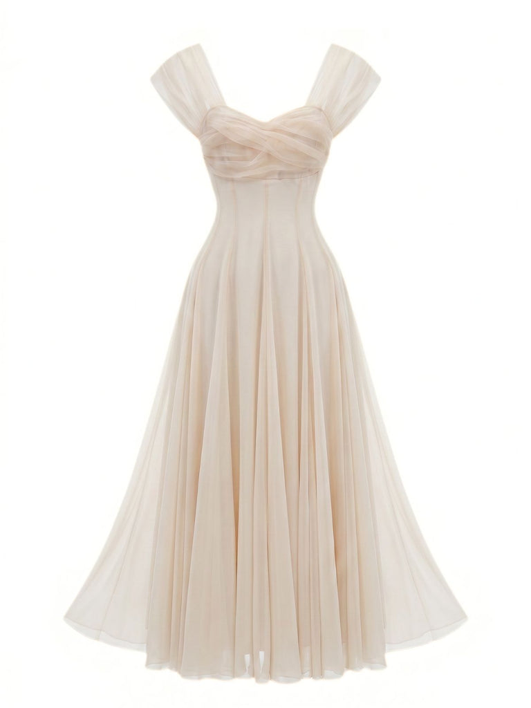 Beige 1930er Herzausschnitt Flügelärmel Netz Fischbein Kleid