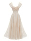 Beige 1930er Herzausschnitt Flügelärmel Netz Fischbein Kleid