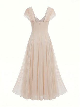 Beige 1930er Herzausschnitt Flügelärmel Netz Fischbein Kleid