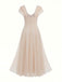 Beige 1930er Herzausschnitt Flügelärmel Netz Fischbein Kleid