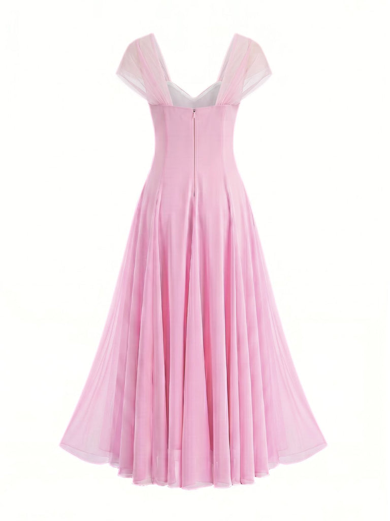 Beige 1930er Herzausschnitt Flügelärmel Netz Fischbein Kleid
