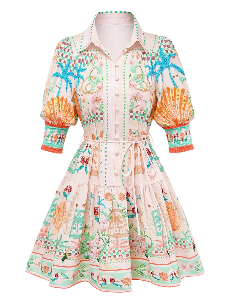 Orangefarbenes 1970er Boho-Pastelldruck-Knopf-Kleid mit Taillenbund