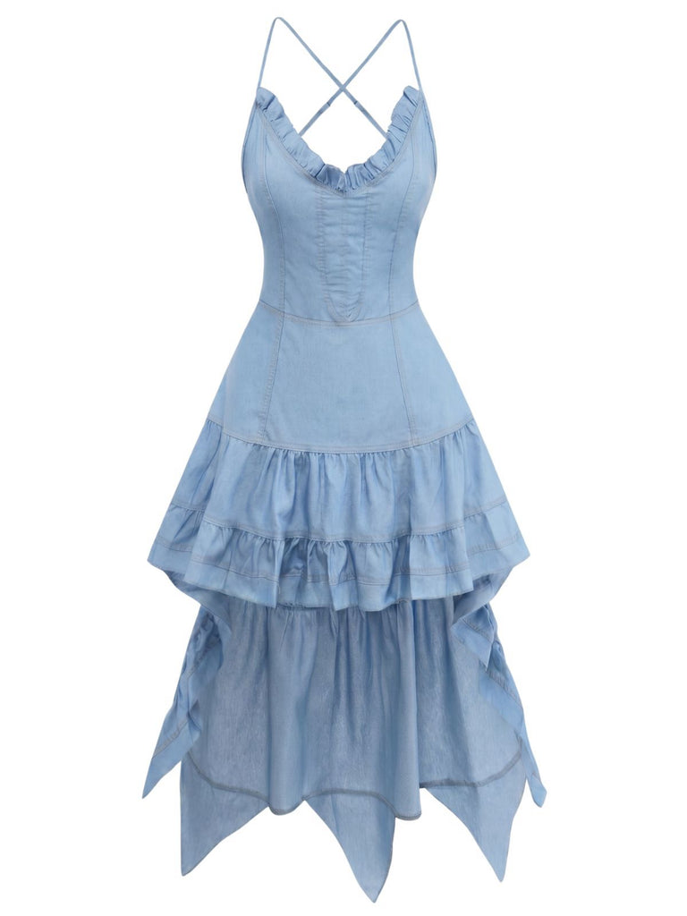 Blau 1960er Spaghetti Träger Denim High-Low-Saum Kleid