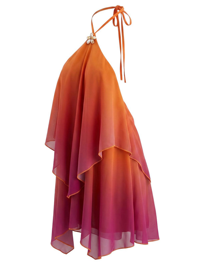 Orange 1960er Farbverlauf Halter Gestuft Chiffon Mini Kleid
