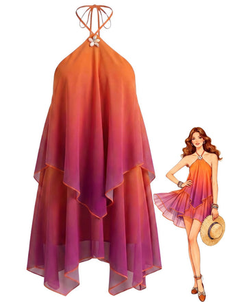 Orange 1960er Farbverlauf Halter Gestuft Chiffon Mini Kleid