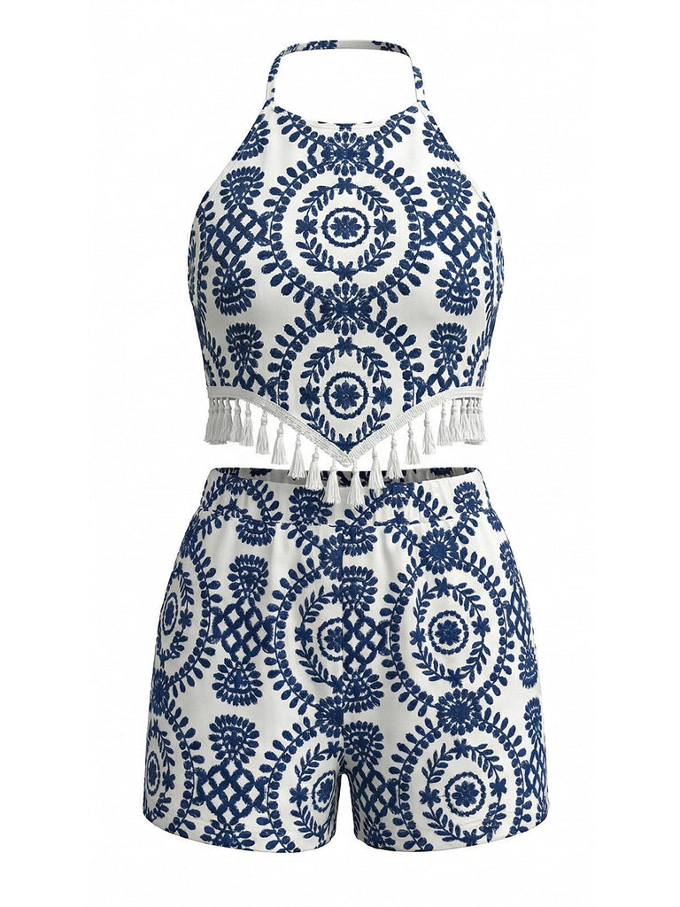 70er Top & Shorts mit Neckholder und Blumen
