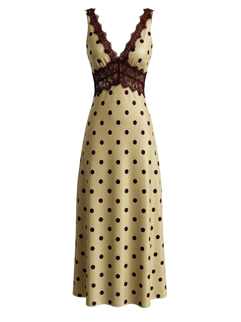 Khaki 1930er V-Ausschnitt Polka Dot Spitzenbesatz Ärmelloses Kleid