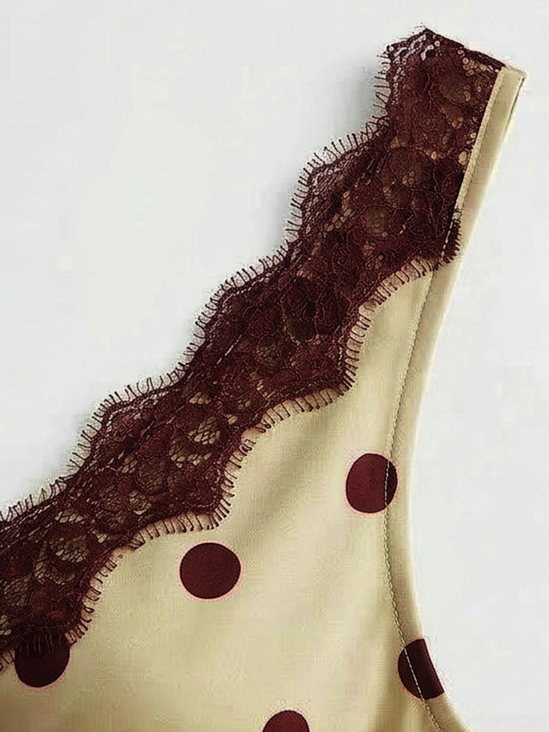 Dunkelkhakifarbenes, gepunktetes Maxikleid aus Spitze im Stil der 1930er Jahre mit Neckholder, Größe 6