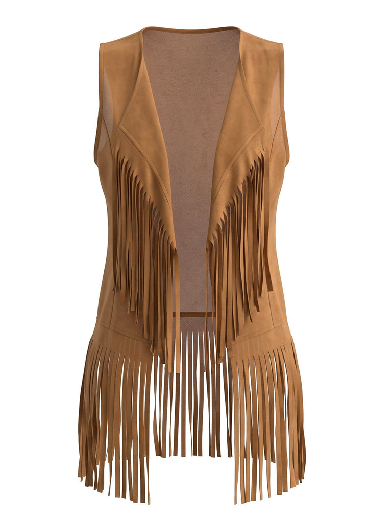 Dunkelkhaki 1970er Kunst Wildleder Quasten Disco Weste Set