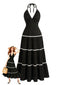 Schwarz 1930er Halter Rückenfrei Farbblock Maxi Kleid