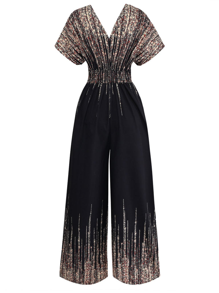 Schwarzer 50er Jumpsuit mit V-Ausschnitt und Hohe Taille