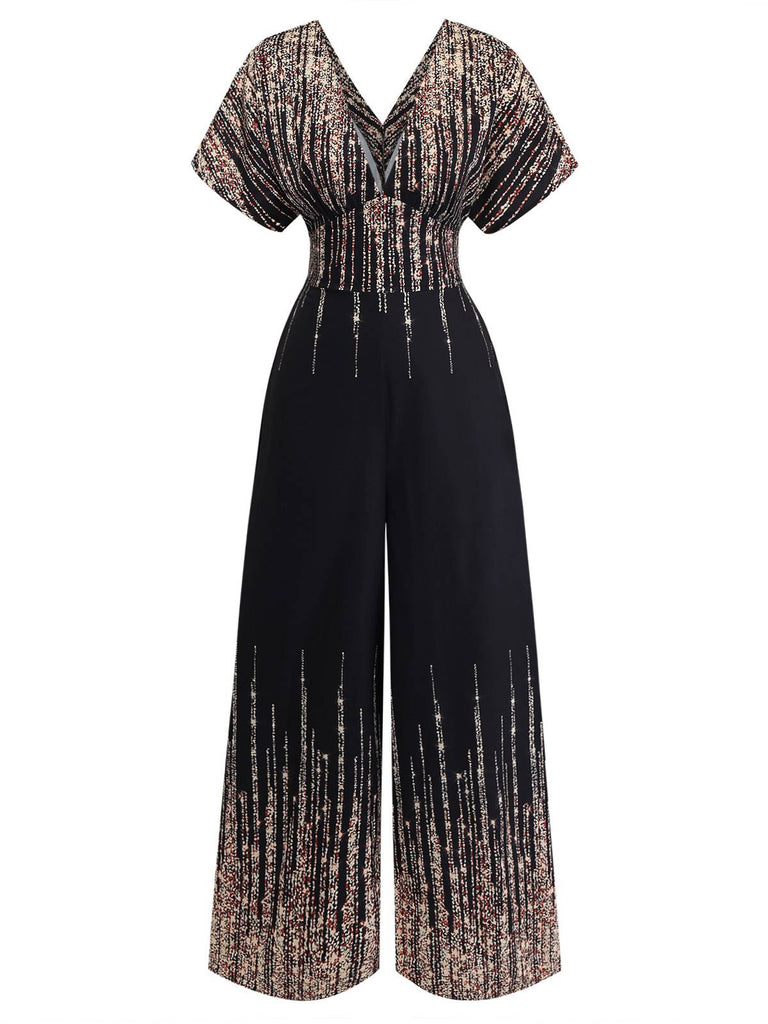 Schwarzer 50er Jumpsuit mit V-Ausschnitt und Hohe Taille