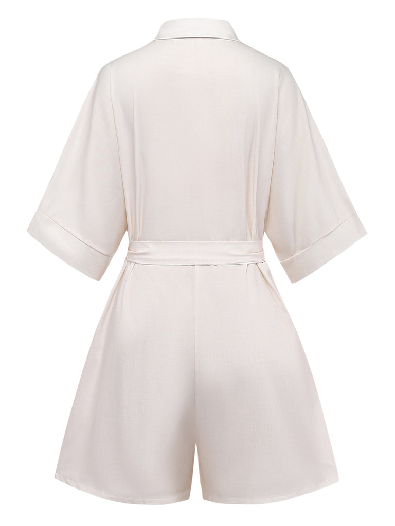 Beigefarbener Jumpsuit mit botanischem Muster im Stil der 1950er Jahre mit Gürtel, Größe 3