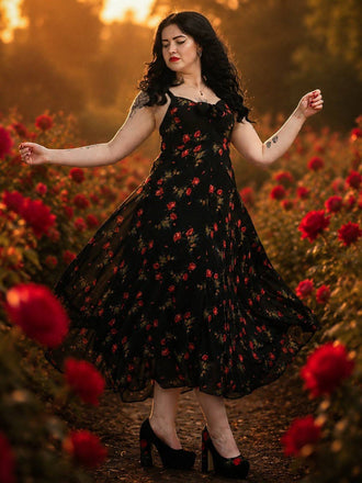 [Vorverkauf] Schwarzes 30er Slip-Kleid mit Rosen und V-Ausschnitt