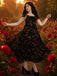 Schwarzes 30er Slip-Kleid mit Rosen und V-Ausschnitt