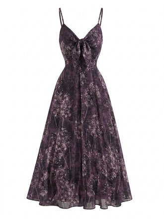 Lila 1930er Blumen V-Ausschnitt Boho Slip Kleid