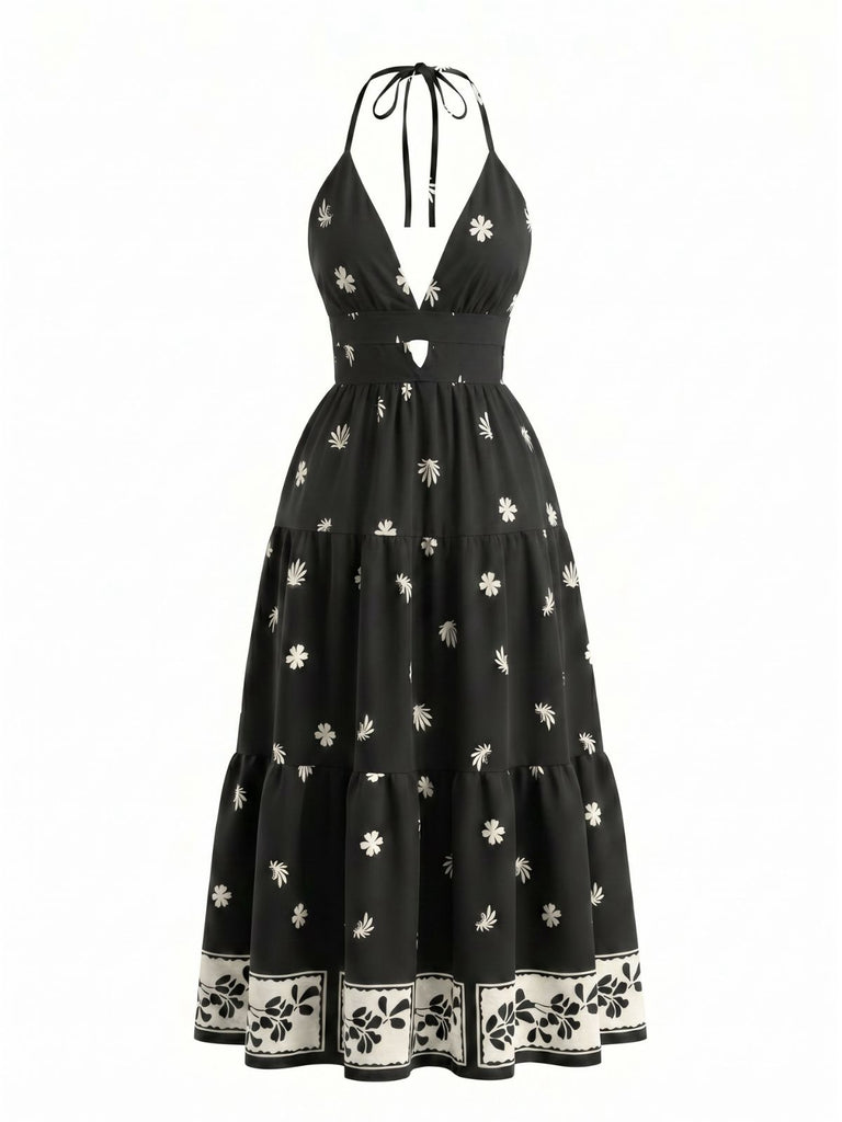 Schwarzes 70er Bohemian Maxikleid mit Neckholder und rückenfrei