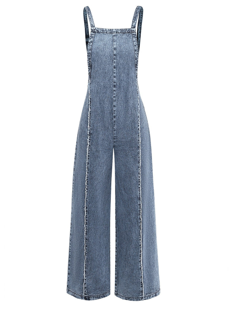 Blau 1970er Jeansstoff Weites Bein Overalls Ausgefranst Jumpsuit