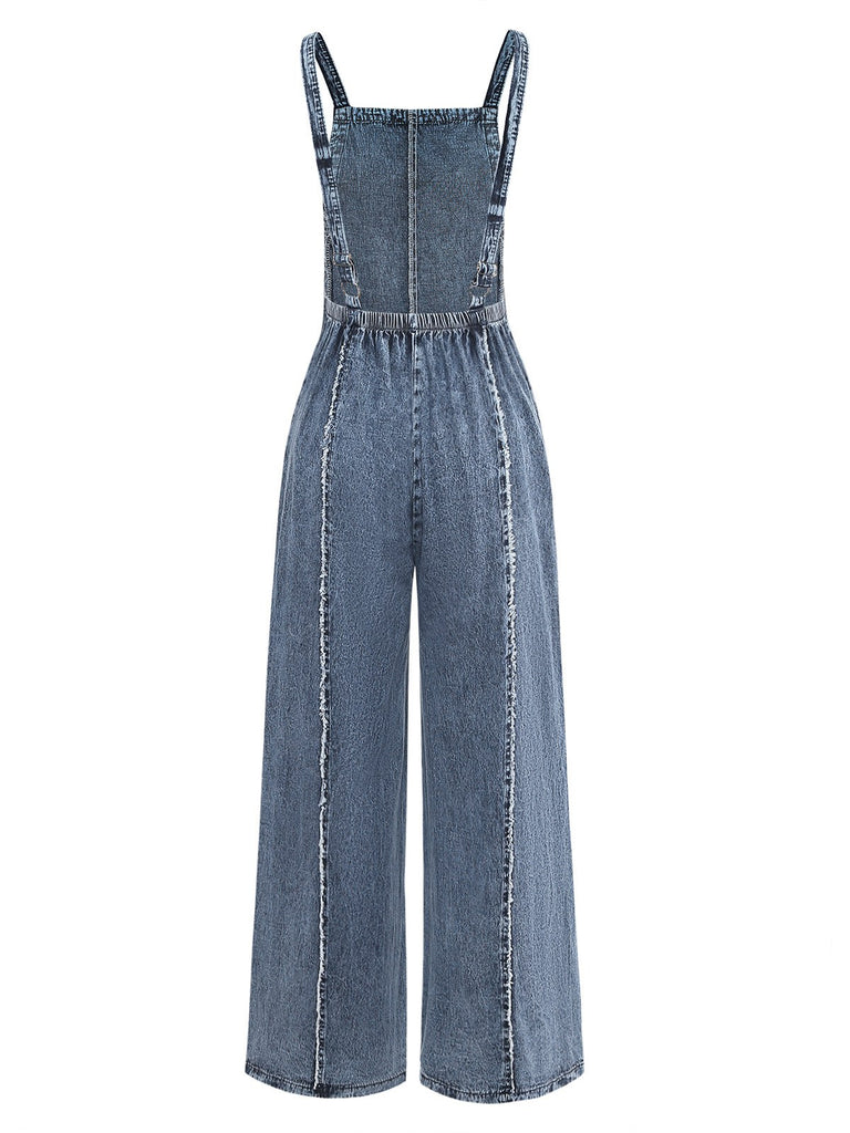 Blau 1970er Jeansstoff Weites Bein Overalls Ausgefranst Jumpsuit