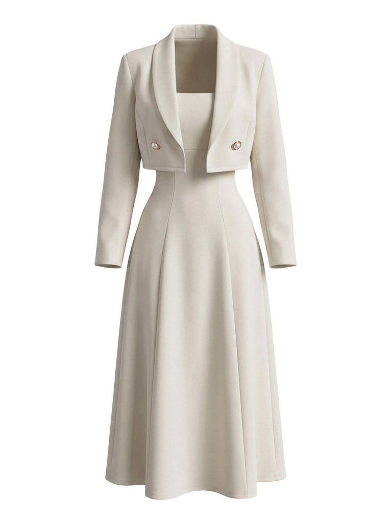Elfenbein 50er Zweiteiler mit Midikleid und Bolero-Jacke