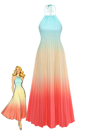 Mehrfarbiges 1930er Neckholder Gradient Plissiertes Maxikleid