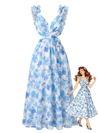 Blaues 50er Maxikleid mit Blumen-Print und Rüschen
