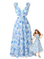 Blaues 50er Maxikleid mit Blumen-Print und Rüschen