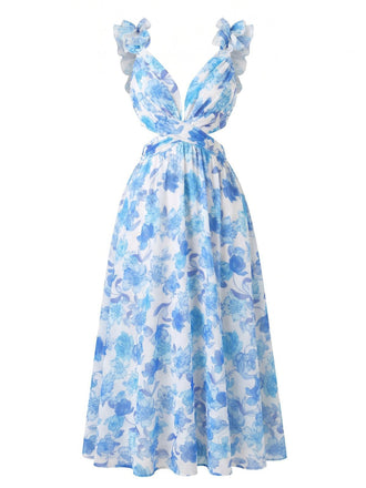 Blaues 50er Maxikleid mit Blumen-Print und Rüschen