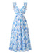 Blaues 50er Maxikleid mit Blumen-Print und Rüschen