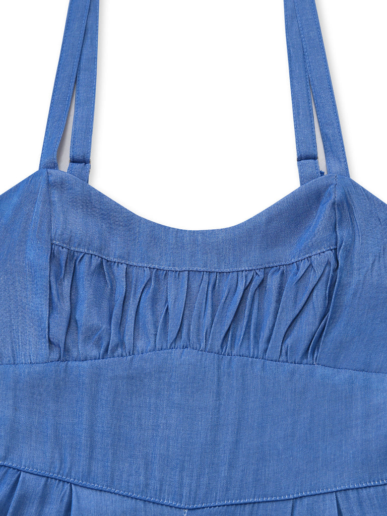 Blauer 1950er-Denim-Spaghetti-Träger-Gerafft-Jumpsuit