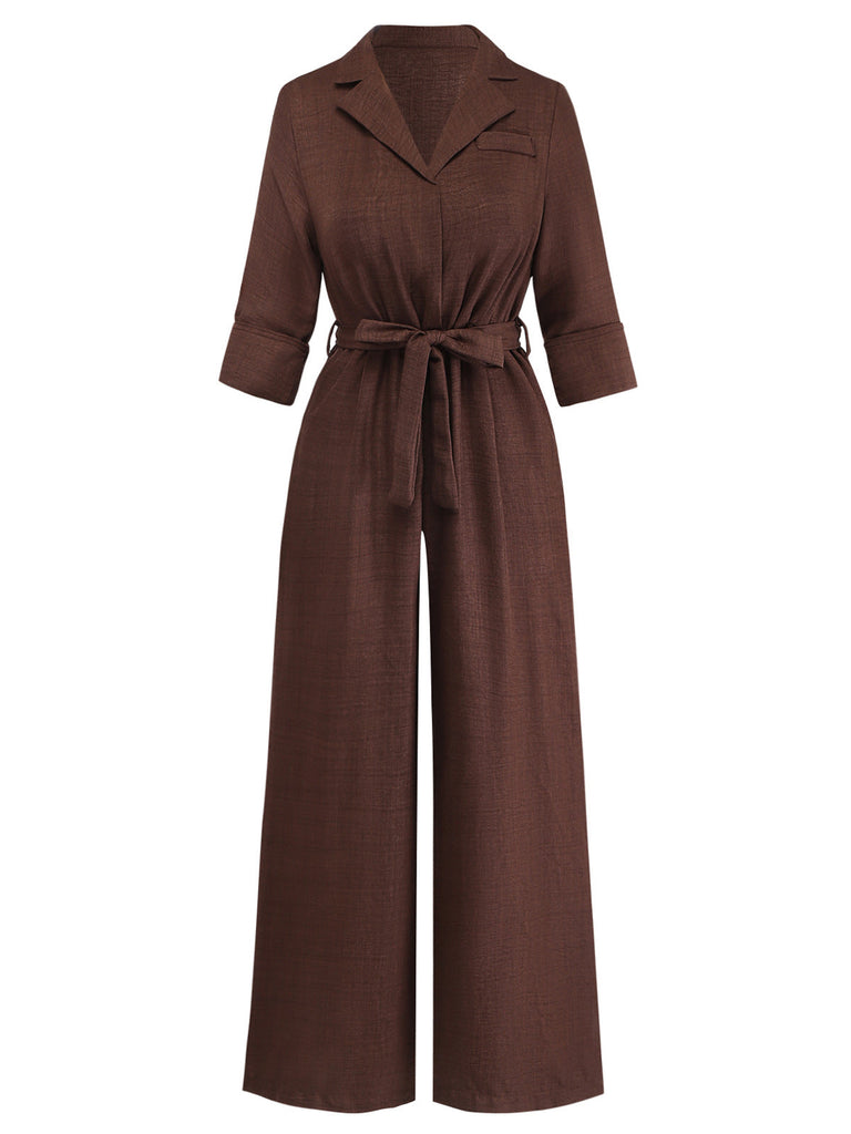 Dark Coffee 1950s V Neck Belted Jumpsuit 5